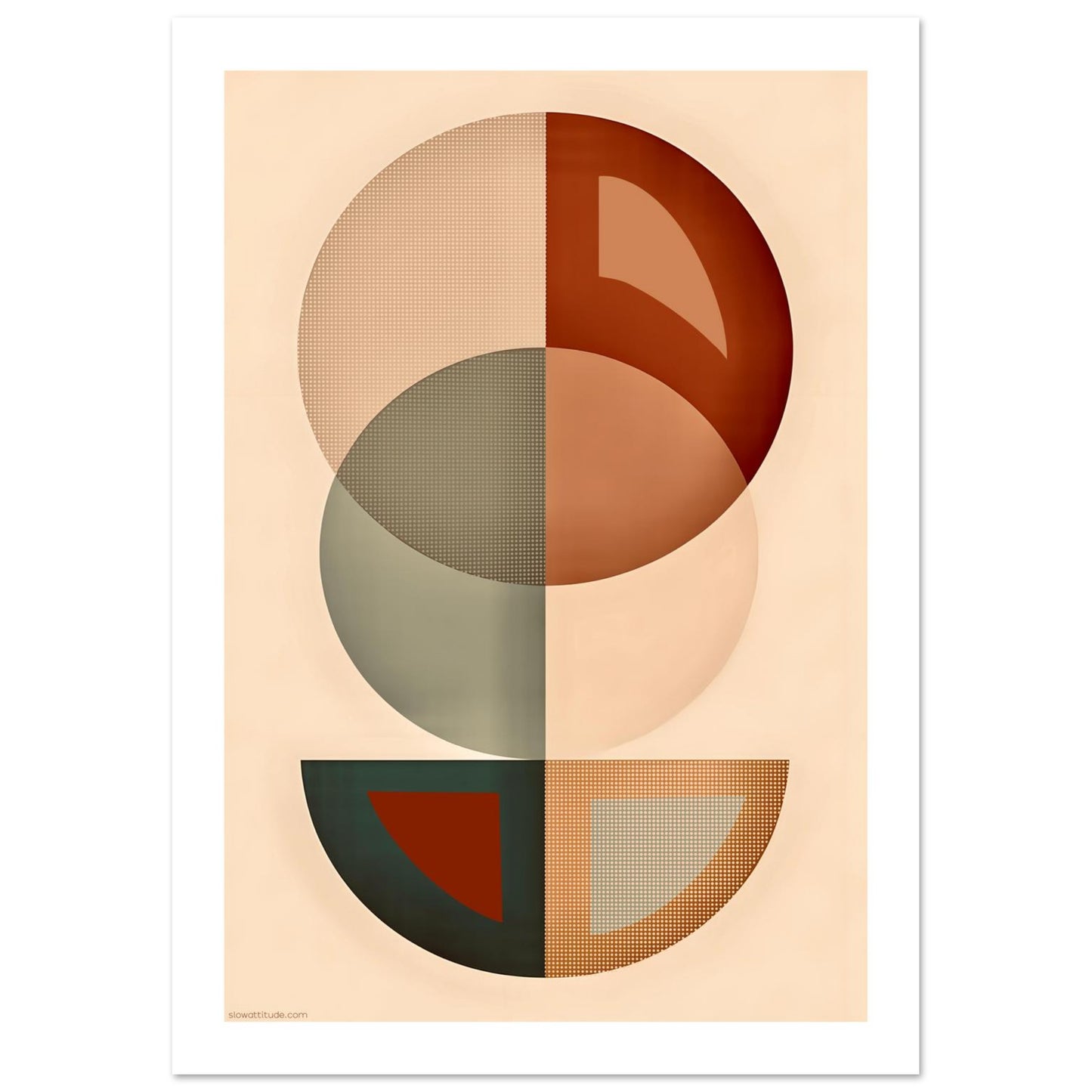 Close-up of geometric semicircle wall art showing premium 200 gsm matte paper texture and earthy tones