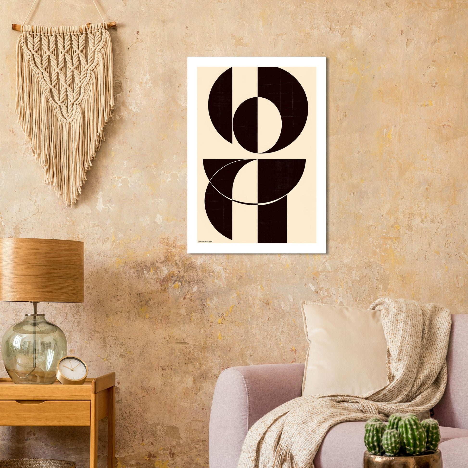 Minimalist geometric art print featuring semicircles and geometric blocks in deep brown and cream palette