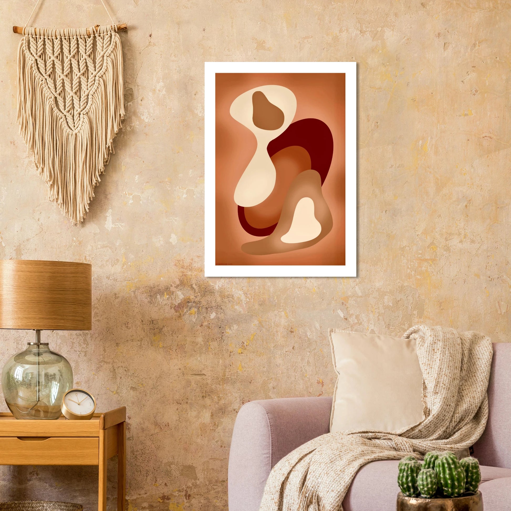 Minimalist boho poster with geometric organic shapes in earthy brown and beige tones for peaceful home atmosphere
