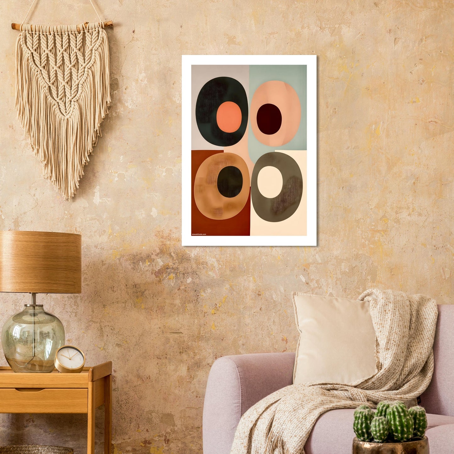 Minimalist geometric art print featuring semicircles in terracotta and yellow ochre palette