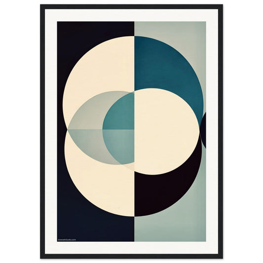 Geometric abstract design with circles in a black frame on a white background