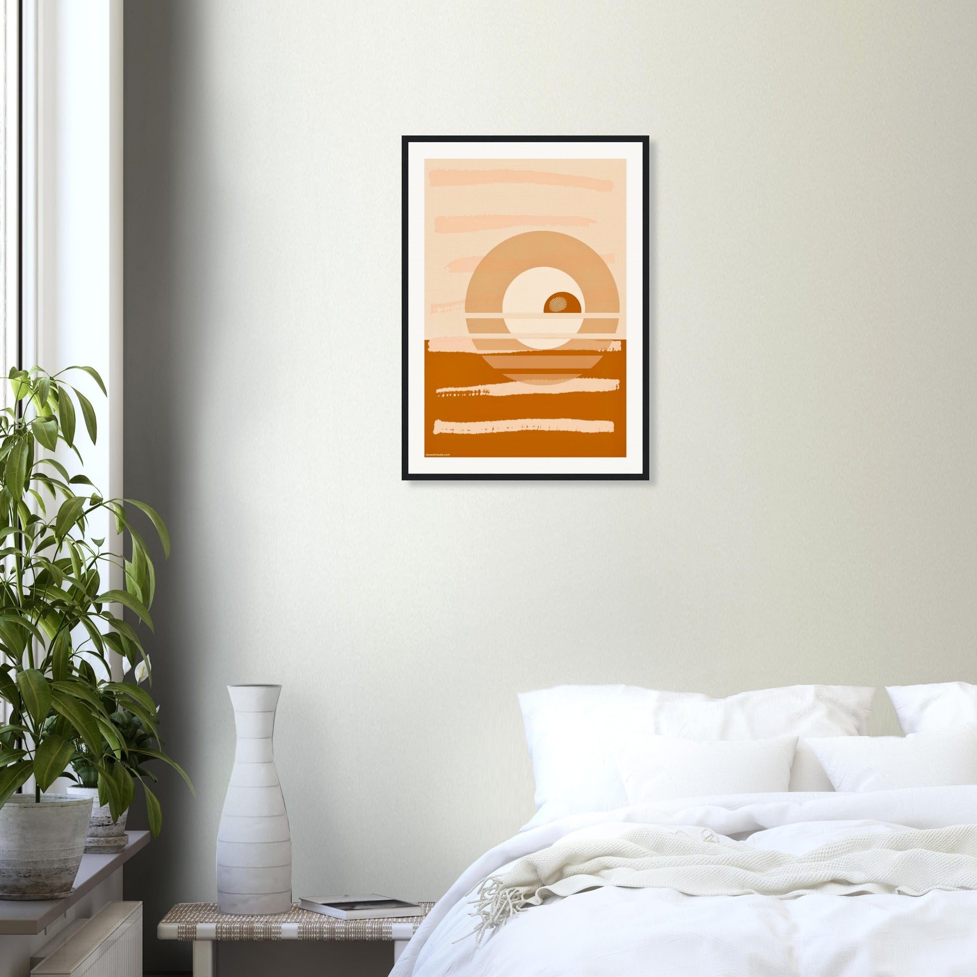 Museum-quality abstract poster in peaceful bedroom with contemporary decor in black frame.
