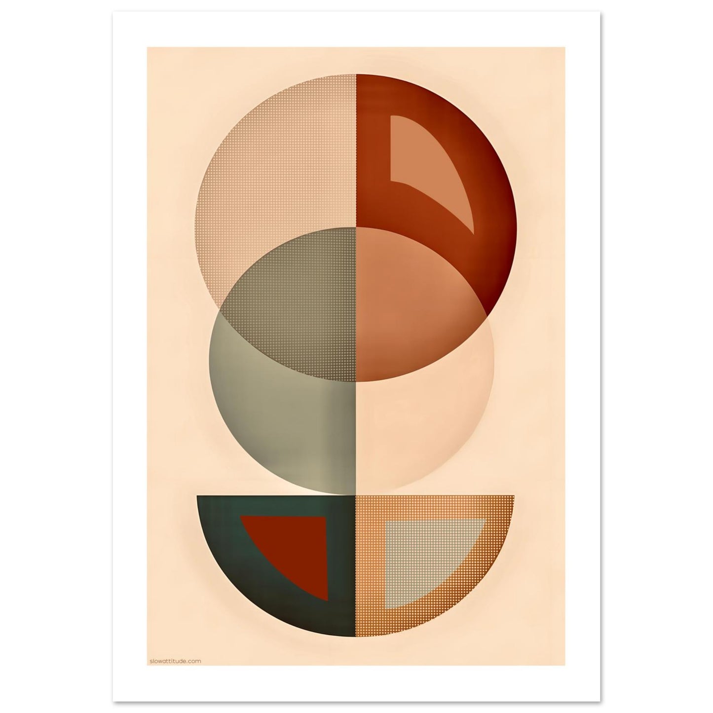 Geometric semicircle poster with overlapping terracotta and yellow ochre shapes on cream background - minimalist wall art