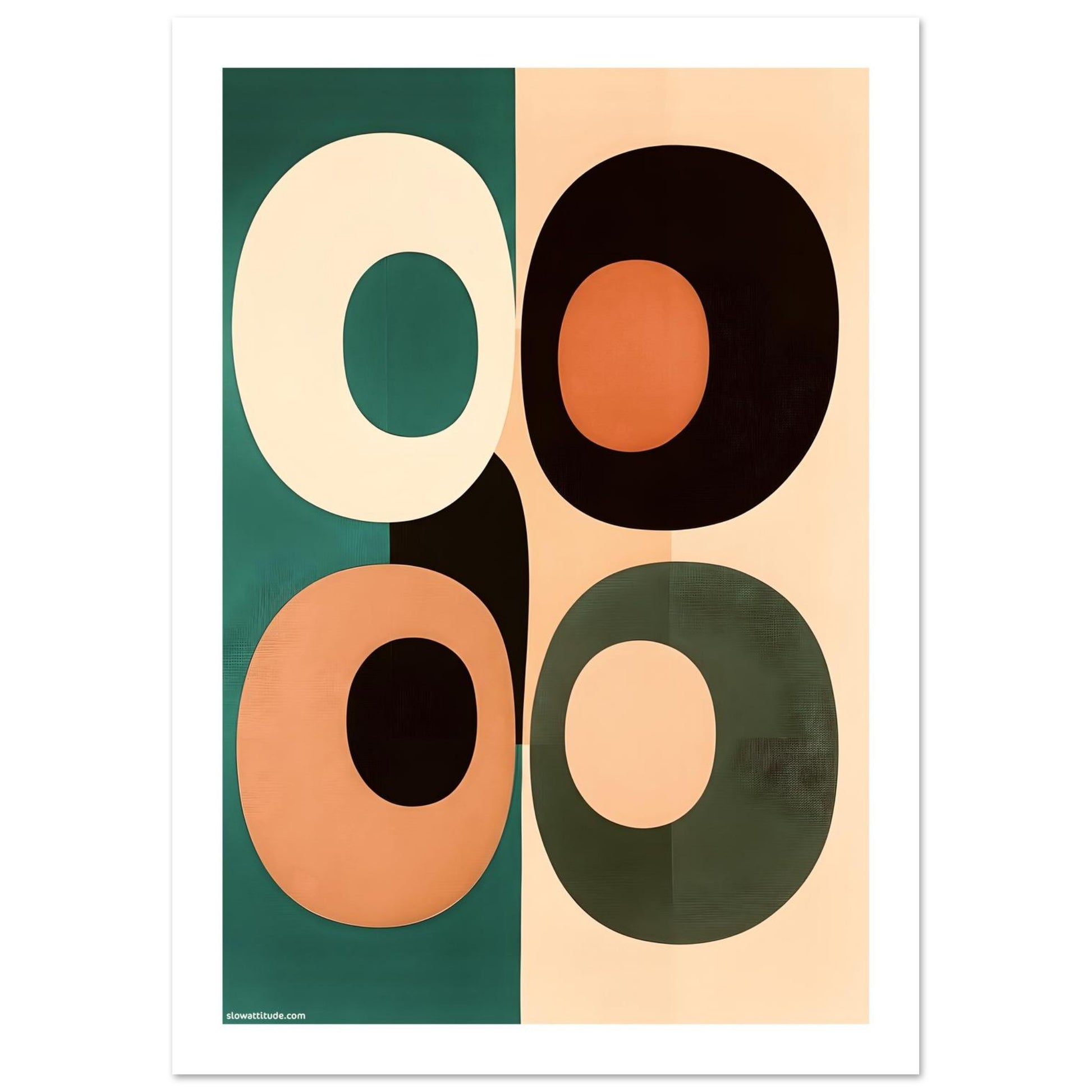 Close-up of abstract geometric print showing premium matte finish and earthy terracotta and teal color palette
