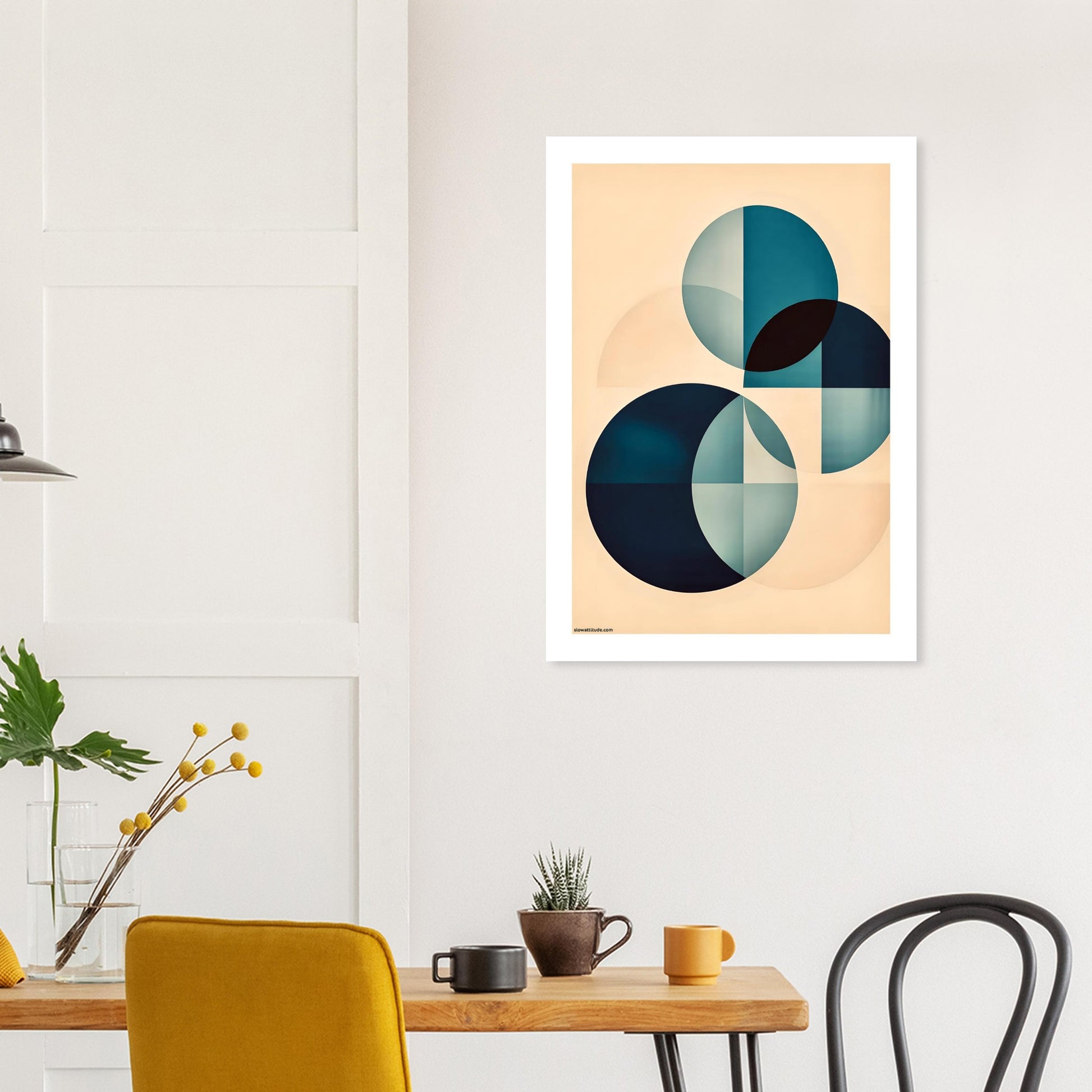 Premium matte finish geometric wall art in calming teal and peach colors