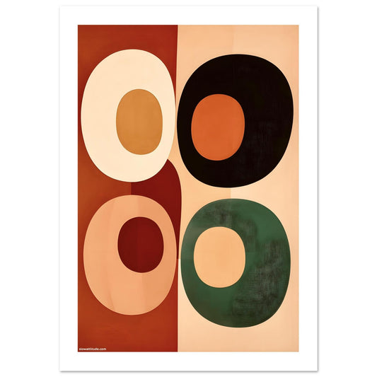 Abstract geometric poster with terracotta, ochre and forest green overlapping circles on beige background - modern boho wall art