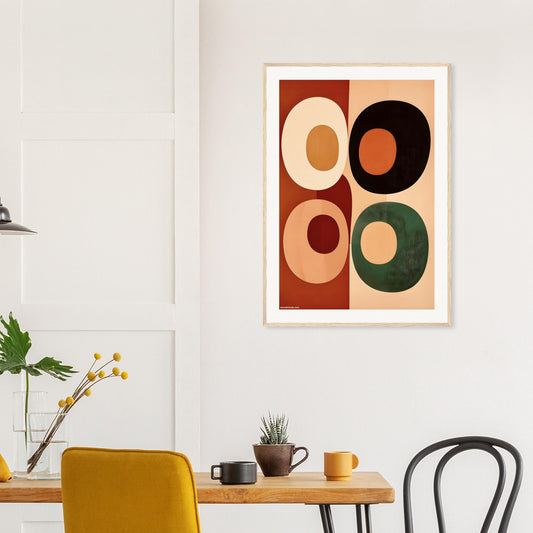Framed abstract organic wall art printed on matte paper on a wall above a dining table with chairs.