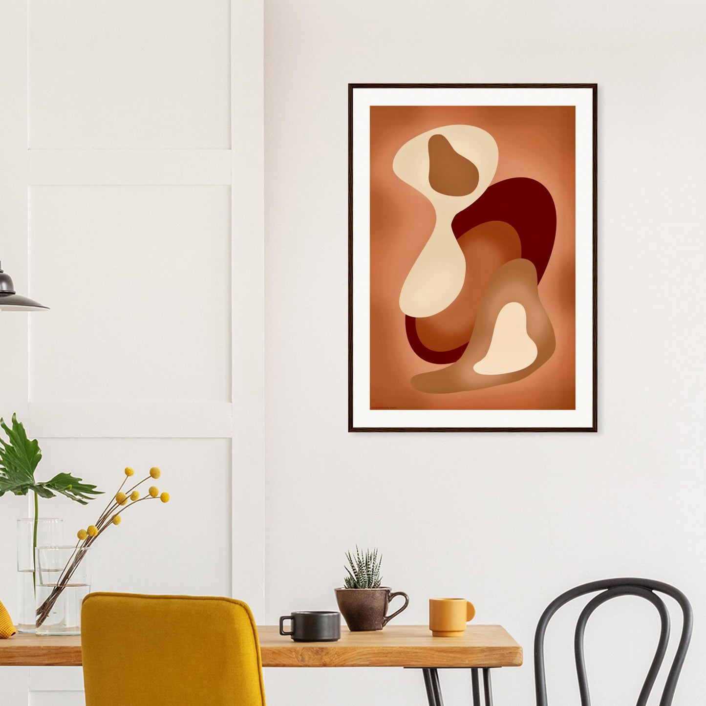 Calming abstract wall art in creative workspace with natural tones