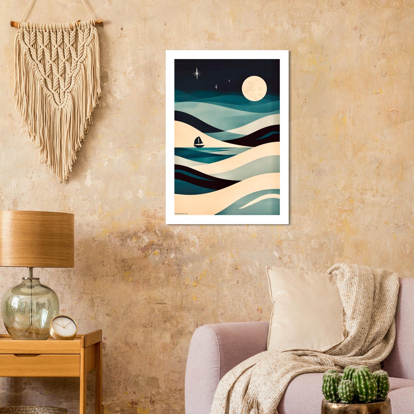 Peaceful sailboat seascape wall art - coastal abstract print for boho and nautical home decor