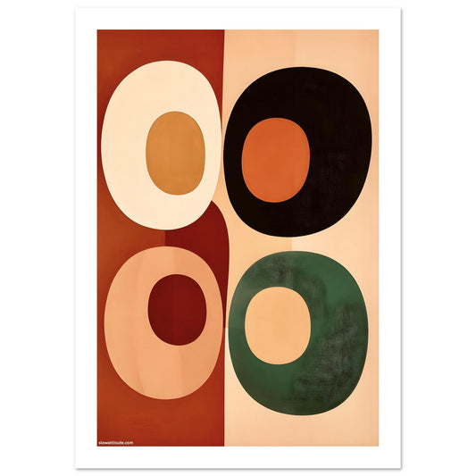 Close-up detail of abstract geometric wall art showing textured matte finish and earthy color palette