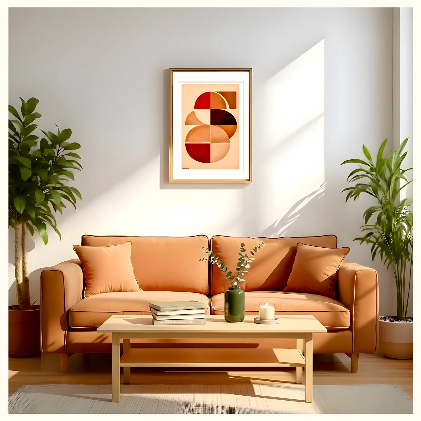 Terracotta and ochre wall art mockup in minimalist bohemian living room setting