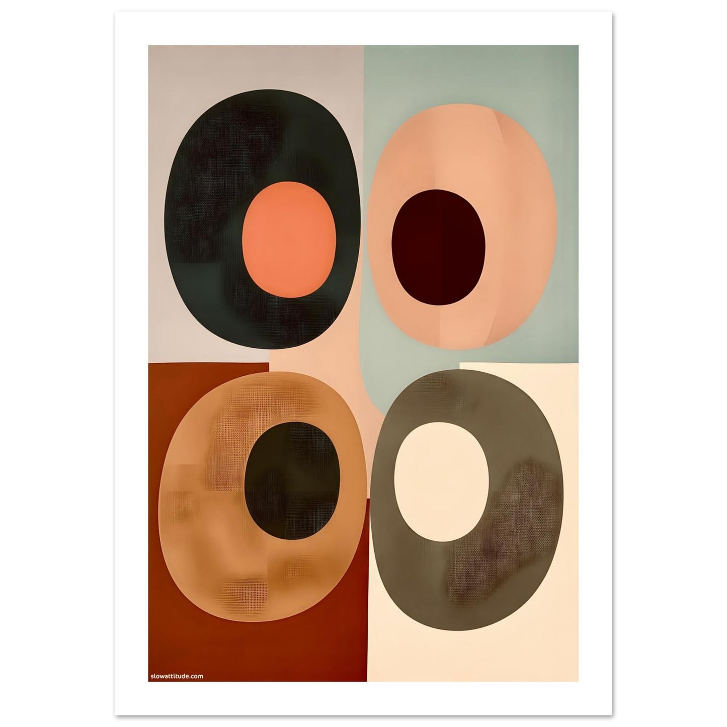 Close-up of geometric semicircle print showing premium matte finish and warm earthy terracotta and ochre tones