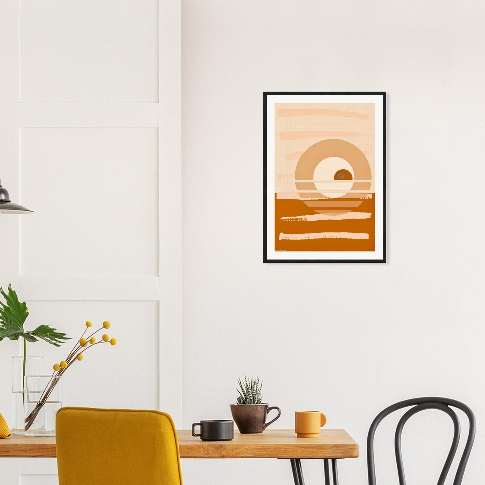 Minimalist abstract poster in professional office with clean desk, black frame and calming ochre tones, printed on museum matte finish paper. Perfect for concentration.