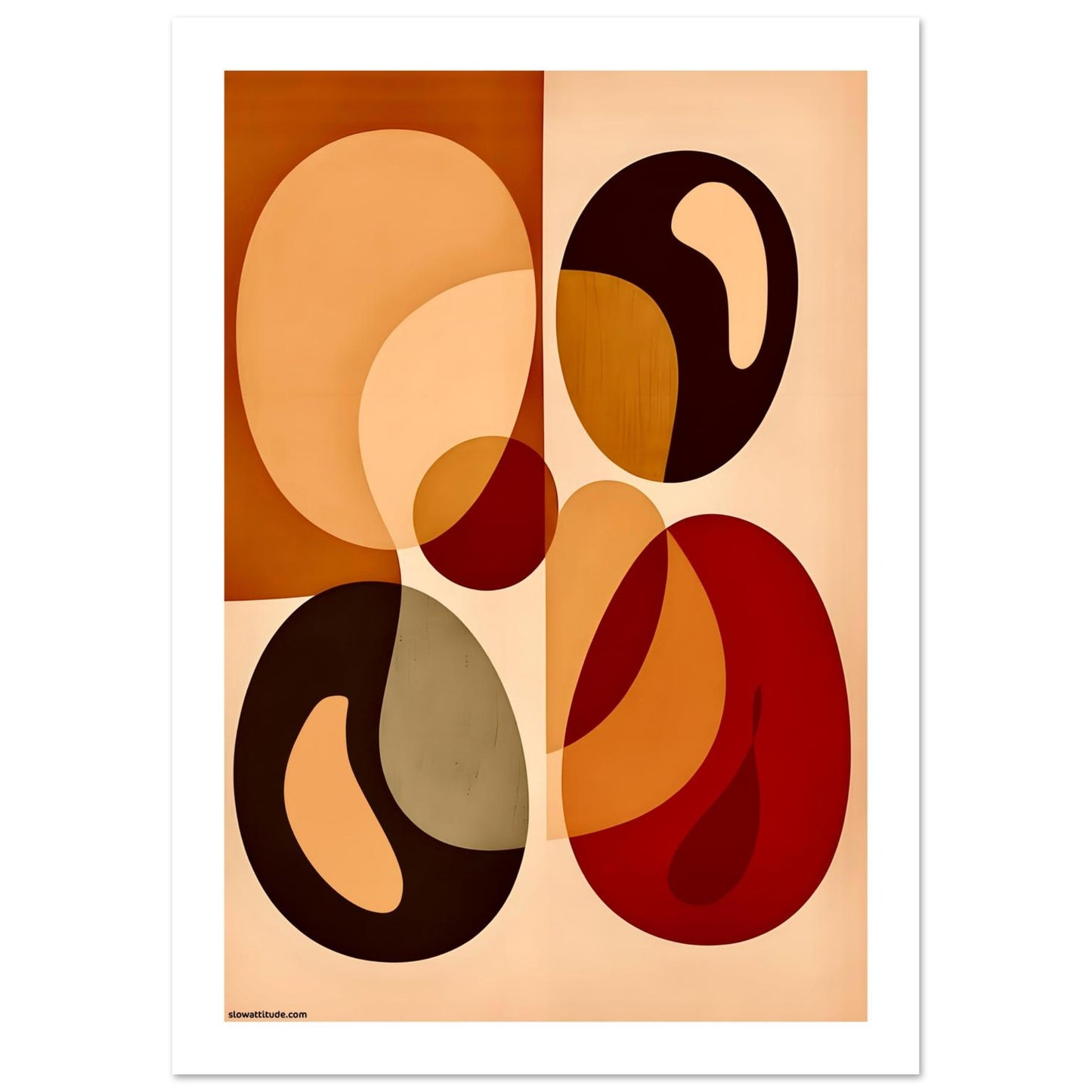Close-up of abstract organic shapes wall art showing premium 200 gsm matte paper texture and earthy tones
