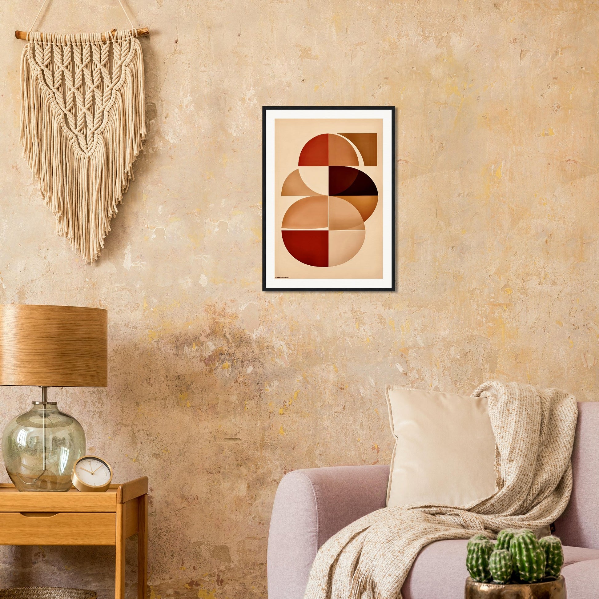Terracotta and cream abstract wall printed on museum quality paper and framed in Boho living space