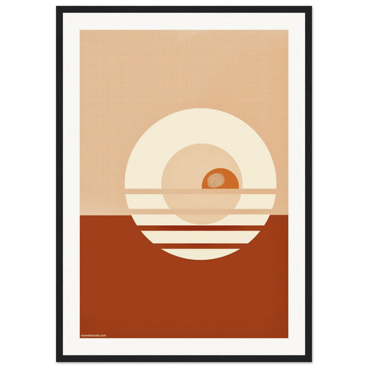 Framed abstract minimalist wall art with geometric shapes on a beige and brown background