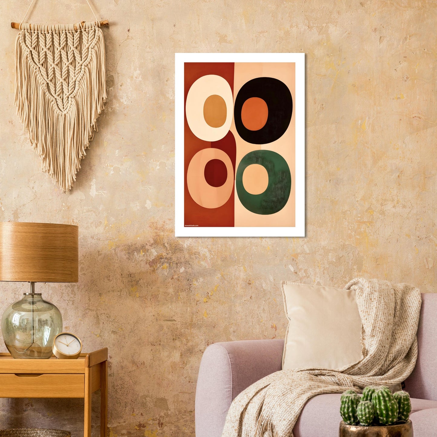 Mid-century modern geometric art print featuring semicircles in warm terracotta and forest green tones