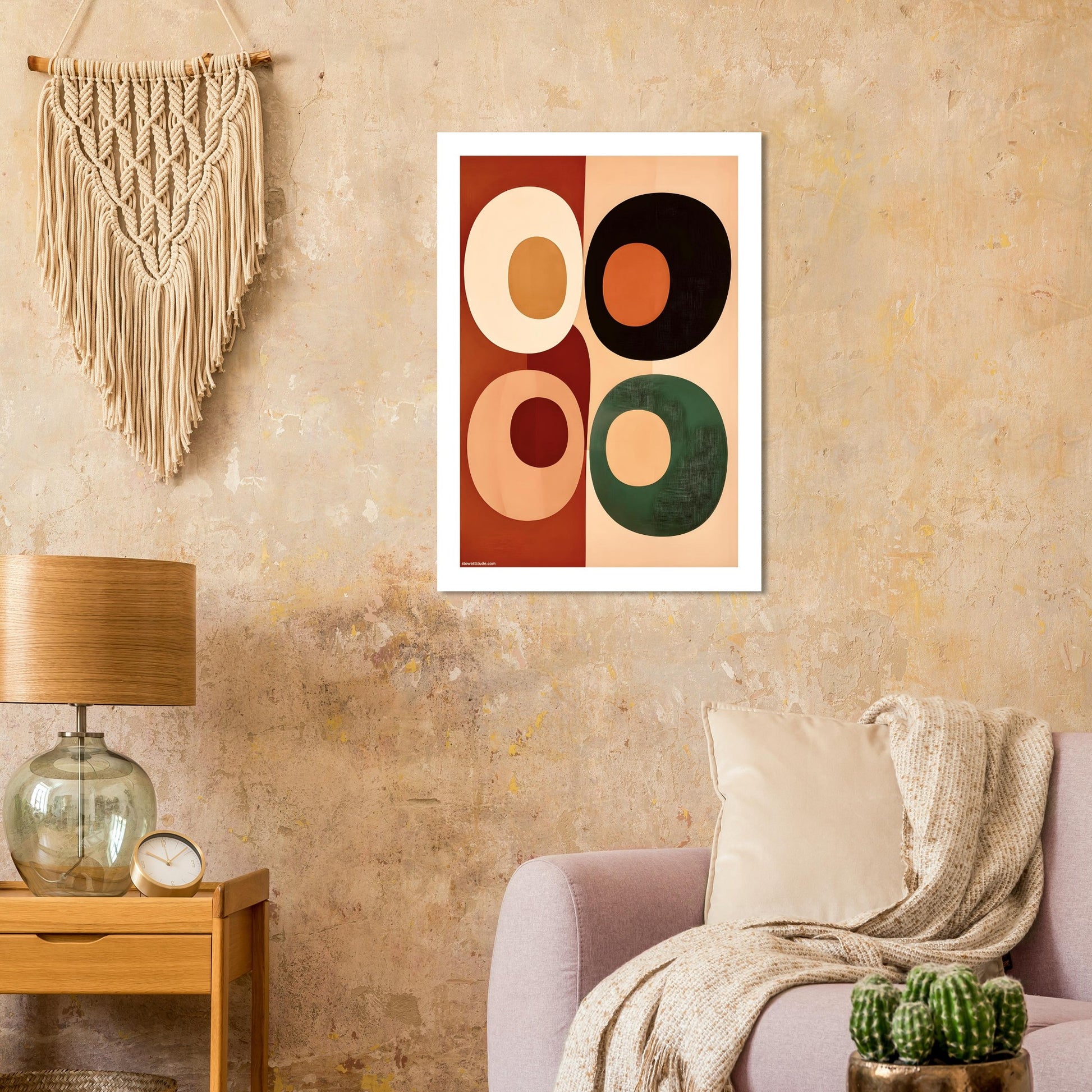 Mid-century modern geometric art print featuring semicircles in warm terracotta and forest green tones